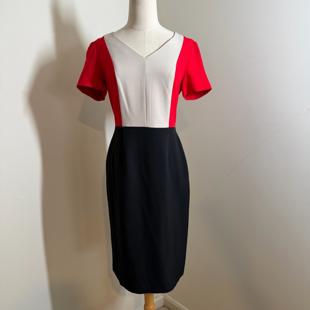 Jones New York Red Tan Black Colorblocked -SZ 4- Short Sleeve Sheath Dress